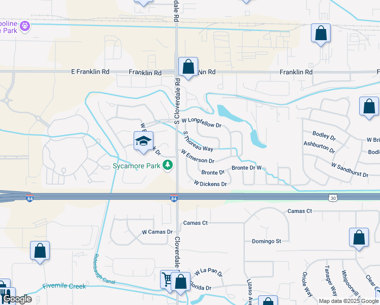 map of restaurants, bars, coffee shops, grocery stores, and more near 12128 West Emerson Drive in Boise