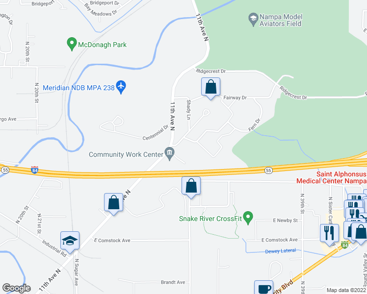 map of restaurants, bars, coffee shops, grocery stores, and more near 1650 11th Avenue North in Nampa