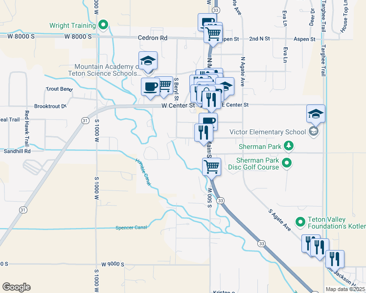 map of restaurants, bars, coffee shops, grocery stores, and more near 80 West Dogwood Street in Victor