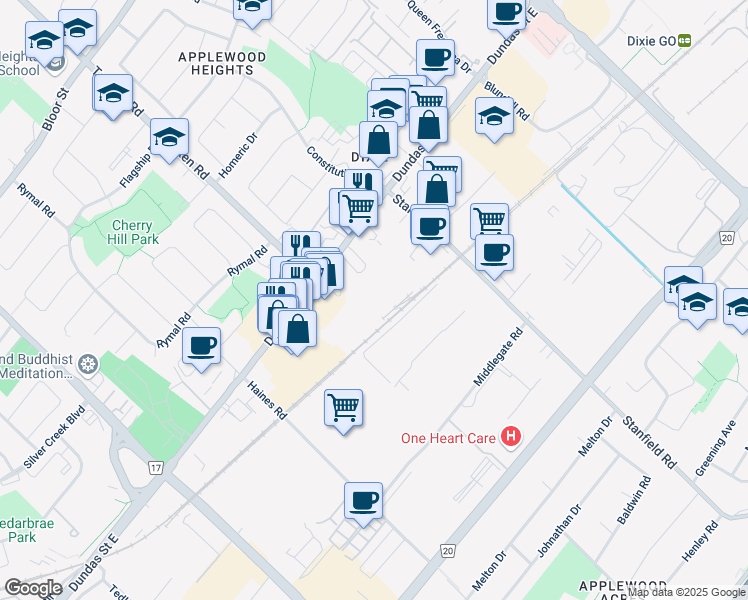 map of restaurants, bars, coffee shops, grocery stores, and more near 1024 Dundas Street East in Mississauga
