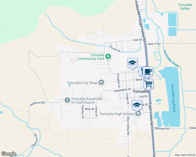map of restaurants, bars, coffee shops, grocery stores, and more near 723 Main Street in Yoncalla