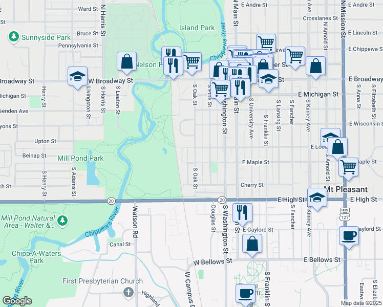 map of restaurants, bars, coffee shops, grocery stores, and more near 510 South Oak Street in Mount Pleasant