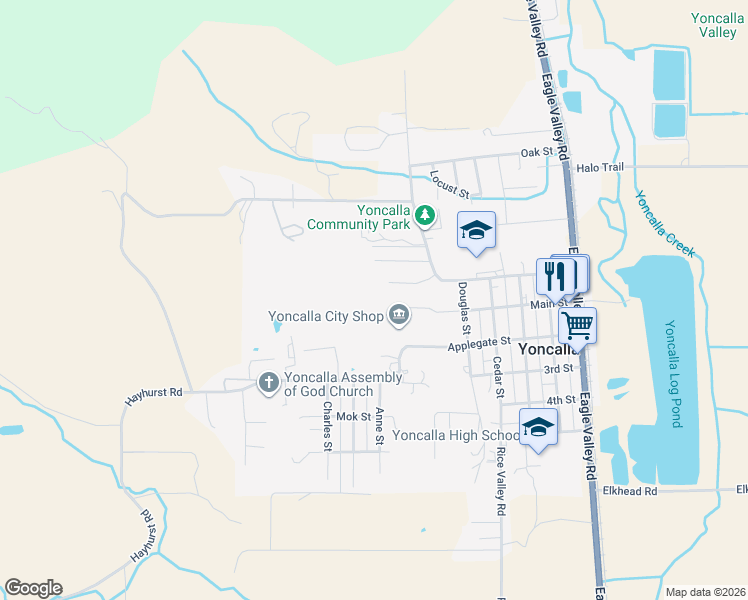 map of restaurants, bars, coffee shops, grocery stores, and more near 723 Main Street in Yoncalla