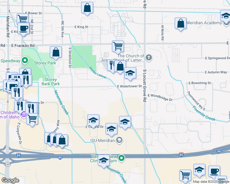map of restaurants, bars, coffee shops, grocery stores, and more near 1223 East Watertower Street in Meridian