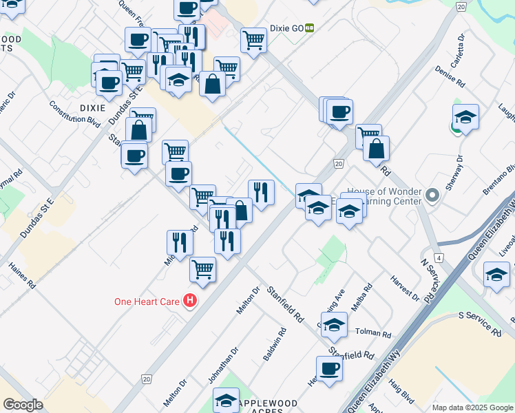 map of restaurants, bars, coffee shops, grocery stores, and more near 2345 Stanfield Road in Mississauga