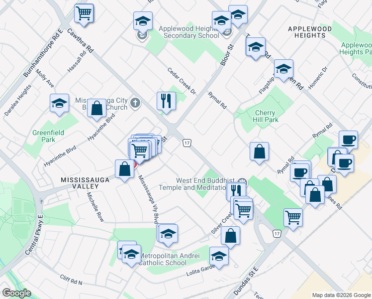 map of restaurants, bars, coffee shops, grocery stores, and more near 3293 Peel Regional Road 17 in Mississauga