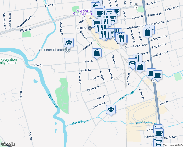 map of restaurants, bars, coffee shops, grocery stores, and more near 92 South Street in Rutland