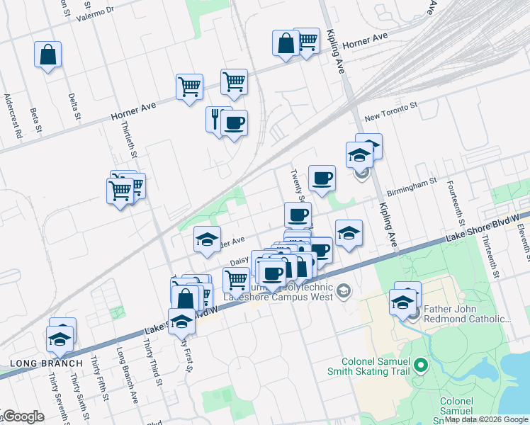 map of restaurants, bars, coffee shops, grocery stores, and more near 408 Brown's Line in Toronto