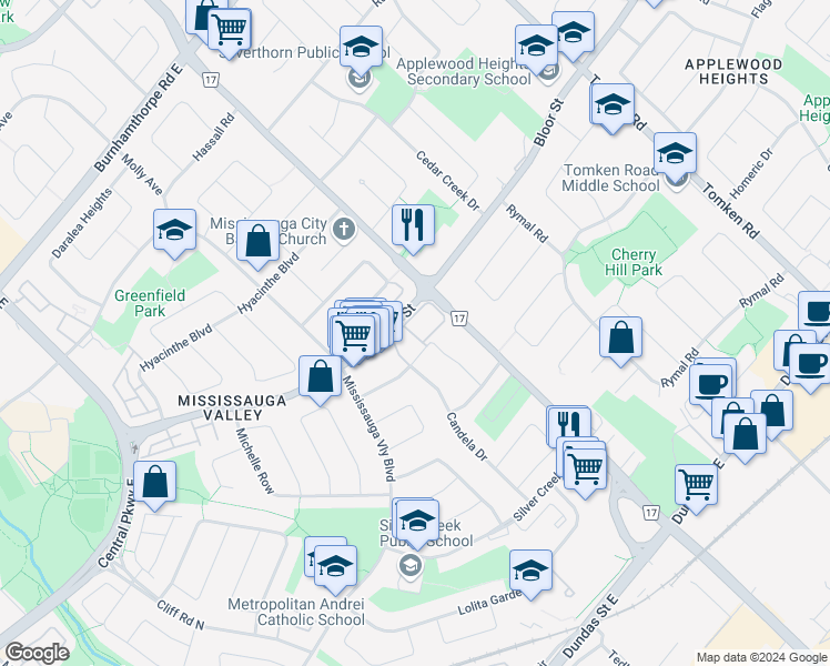 map of restaurants, bars, coffee shops, grocery stores, and more near 70 Bloor Street in Mississauga