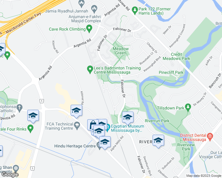 map of restaurants, bars, coffee shops, grocery stores, and more near 98 Falconer Drive in Mississauga