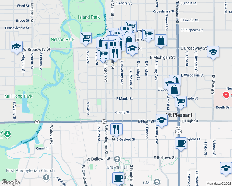 map of restaurants, bars, coffee shops, grocery stores, and more near 416 South University Avenue in Mount Pleasant