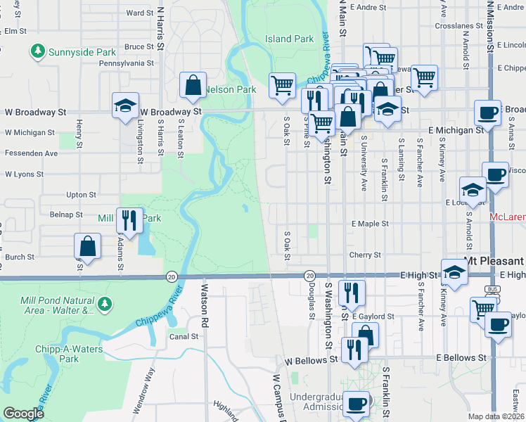map of restaurants, bars, coffee shops, grocery stores, and more near 425 West Locust Street in Mount Pleasant