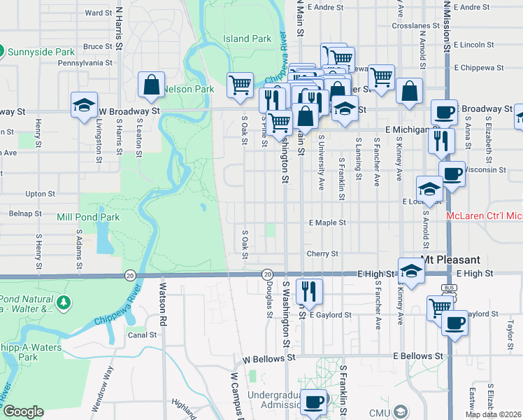 map of restaurants, bars, coffee shops, grocery stores, and more near 504 South Pine Street in Mount Pleasant