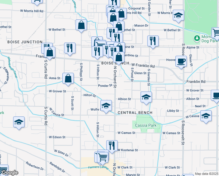 map of restaurants, bars, coffee shops, grocery stores, and more near 405 South Orchard Street in Boise