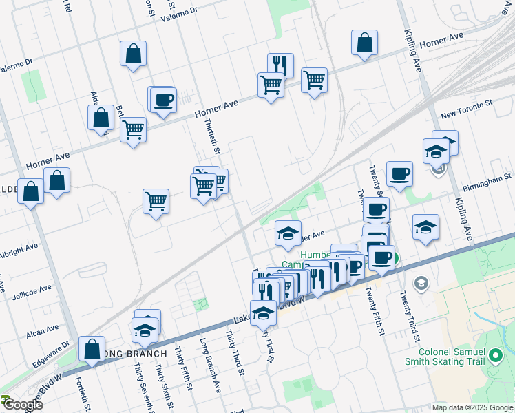 map of restaurants, bars, coffee shops, grocery stores, and more near 121 Thirtieth Street in Toronto