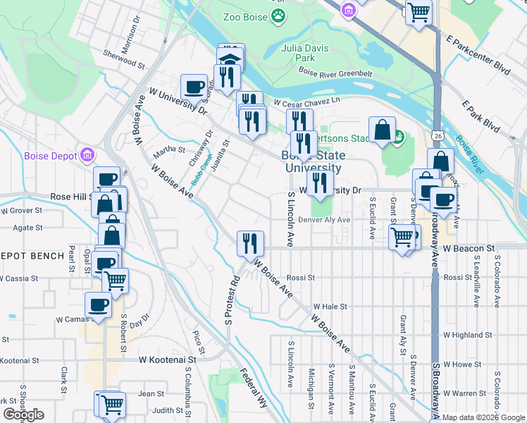 map of restaurants, bars, coffee shops, grocery stores, and more near 1816 Belmont Street in Boise