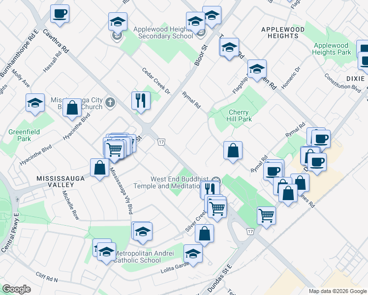 map of restaurants, bars, coffee shops, grocery stores, and more near 703 Netherton Crescent in Mississauga