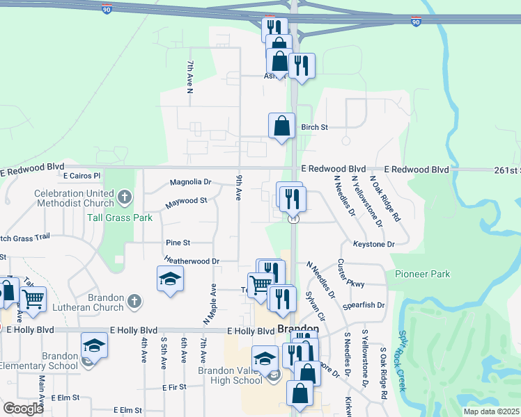 map of restaurants, bars, coffee shops, grocery stores, and more near 1224 Keystone Drive in Brandon