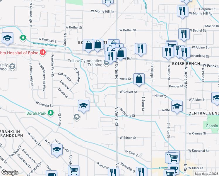 map of restaurants, bars, coffee shops, grocery stores, and more near 421 South Curtis Road in Boise