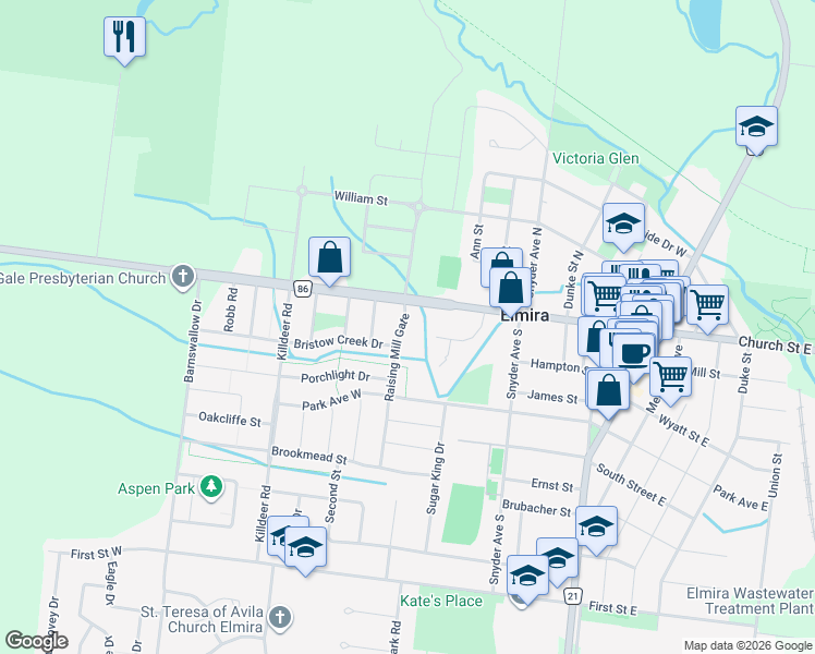 map of restaurants, bars, coffee shops, grocery stores, and more near 11 Raising Mill Gate in Elmira