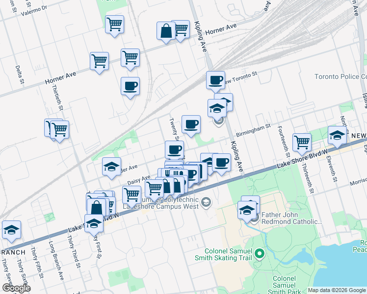 map of restaurants, bars, coffee shops, grocery stores, and more near 77 Twenty Second Street in Toronto