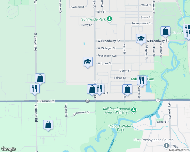 map of restaurants, bars, coffee shops, grocery stores, and more near 519 South Bradley Street in Mount Pleasant