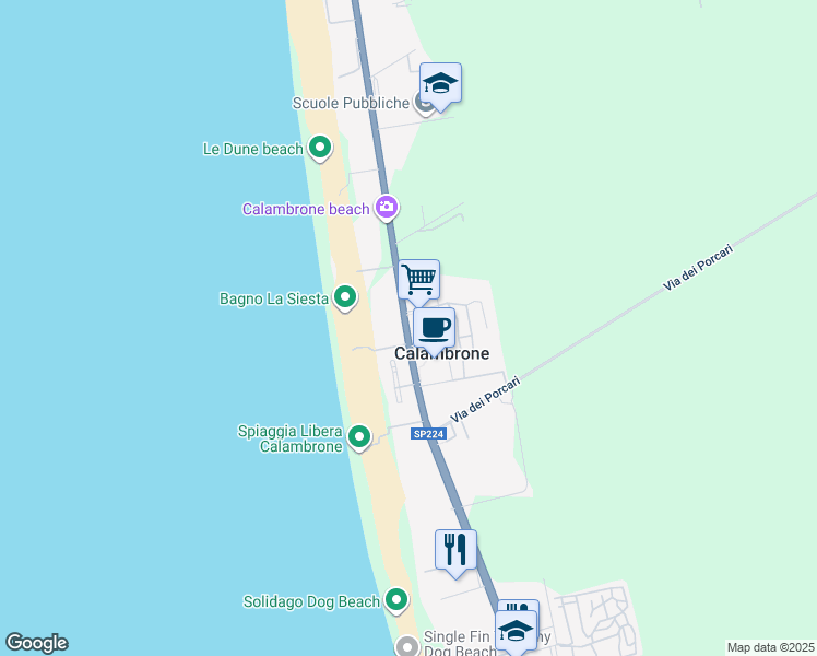 map of restaurants, bars, coffee shops, grocery stores, and more near 355 Viale del Tirreno in Marina di Pisa-tirrenia-calambr
