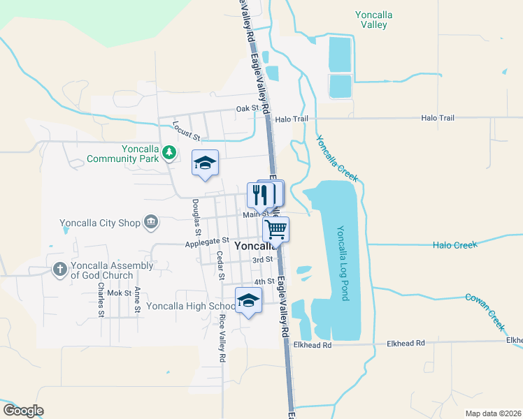 map of restaurants, bars, coffee shops, grocery stores, and more near 153 Alder Street in Yoncalla