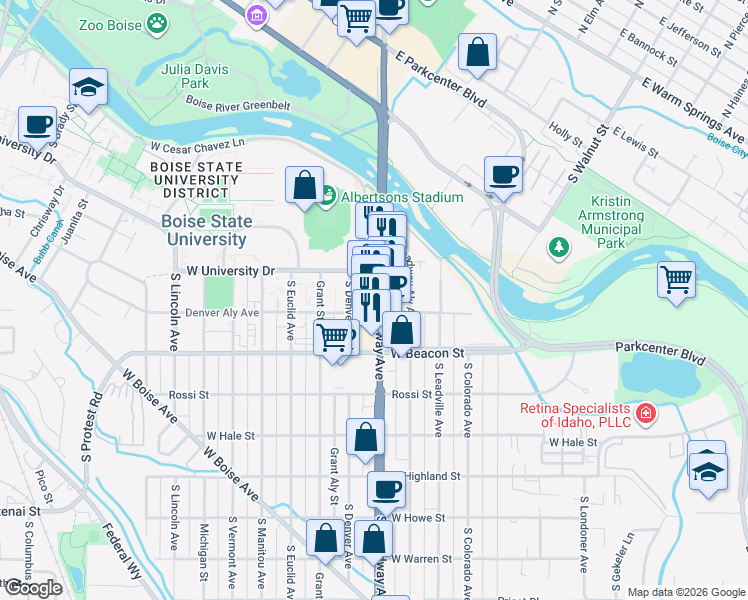 map of restaurants, bars, coffee shops, grocery stores, and more near 1076 South Denver Avenue in Boise