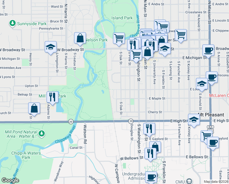 map of restaurants, bars, coffee shops, grocery stores, and more near 425 West Locust Street in Mount Pleasant