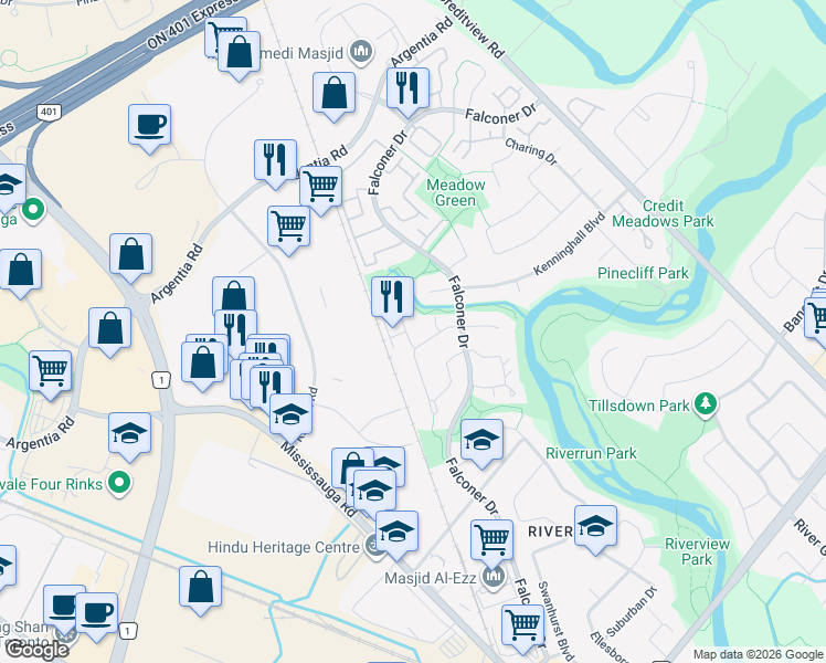 map of restaurants, bars, coffee shops, grocery stores, and more near 98 Falconer Drive in Mississauga