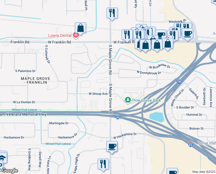 map of restaurants, bars, coffee shops, grocery stores, and more near 23 South Maple Grove Road in Boise