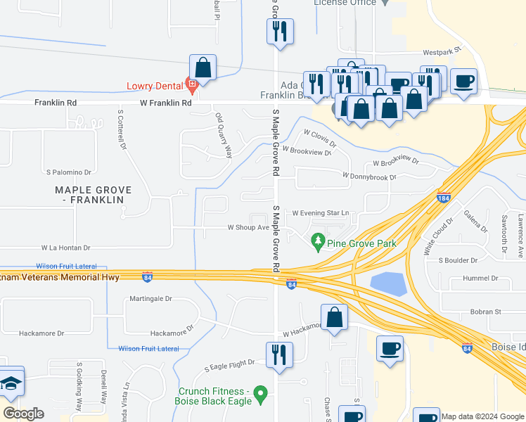 map of restaurants, bars, coffee shops, grocery stores, and more near 23 South Maple Grove Road in Boise