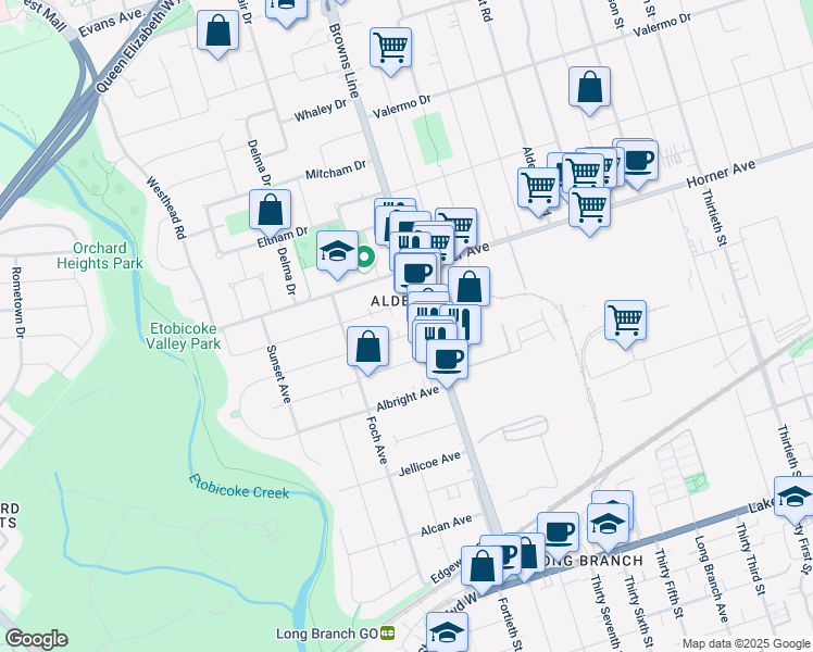 map of restaurants, bars, coffee shops, grocery stores, and more near 378 Browns Line in Toronto