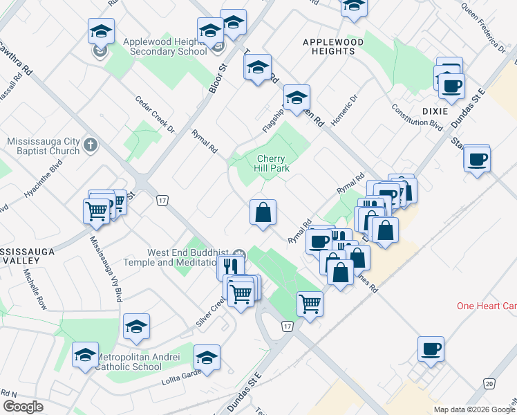 map of restaurants, bars, coffee shops, grocery stores, and more near in Mississauga