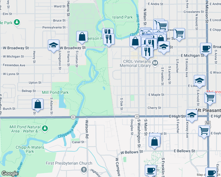 map of restaurants, bars, coffee shops, grocery stores, and more near 425 West Locust Street in Mount Pleasant