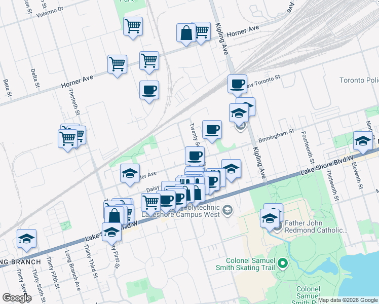 map of restaurants, bars, coffee shops, grocery stores, and more near 73 Twenty Fourth Street in Toronto
