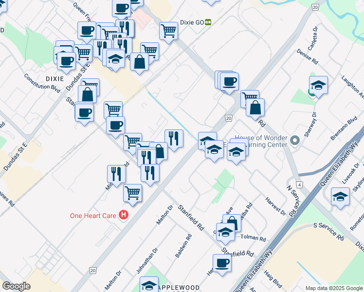 map of restaurants, bars, coffee shops, grocery stores, and more near 1225 Queensway East in Mississauga