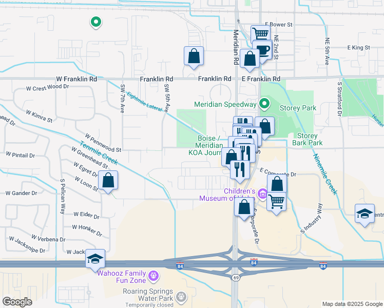 map of restaurants, bars, coffee shops, grocery stores, and more near 303 West Pennwood Street in Meridian