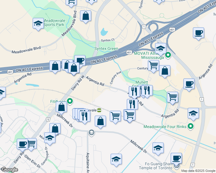 map of restaurants, bars, coffee shops, grocery stores, and more near 2270 Argentia Road in Mississauga