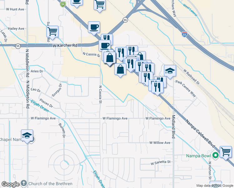 map of restaurants, bars, coffee shops, grocery stores, and more near 1275 Caldwell Boulevard in Nampa