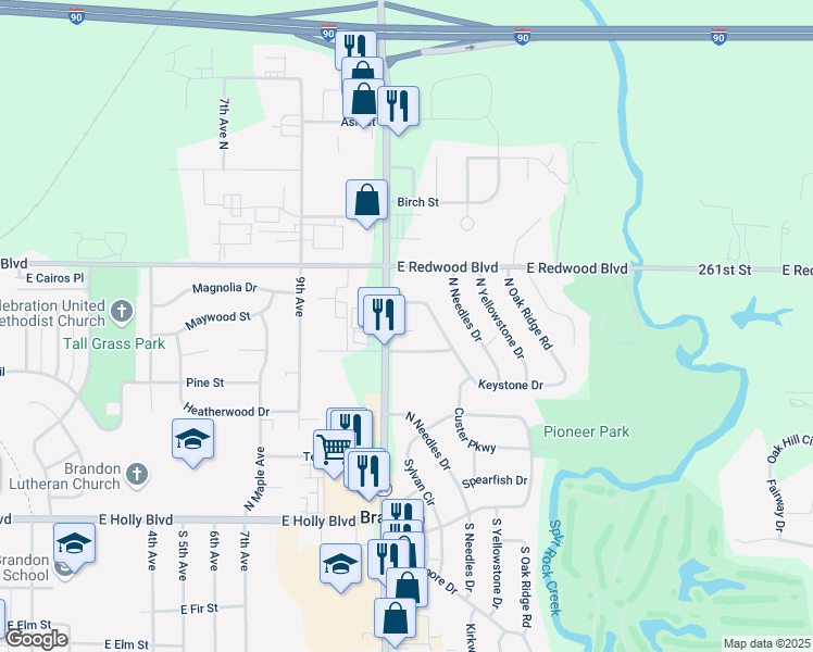 map of restaurants, bars, coffee shops, grocery stores, and more near 1320 Keystone Drive in Brandon