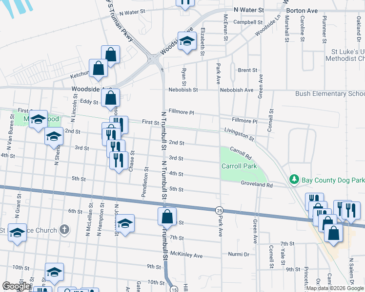 map of restaurants, bars, coffee shops, grocery stores, and more near 2143 2nd Street in Bay City