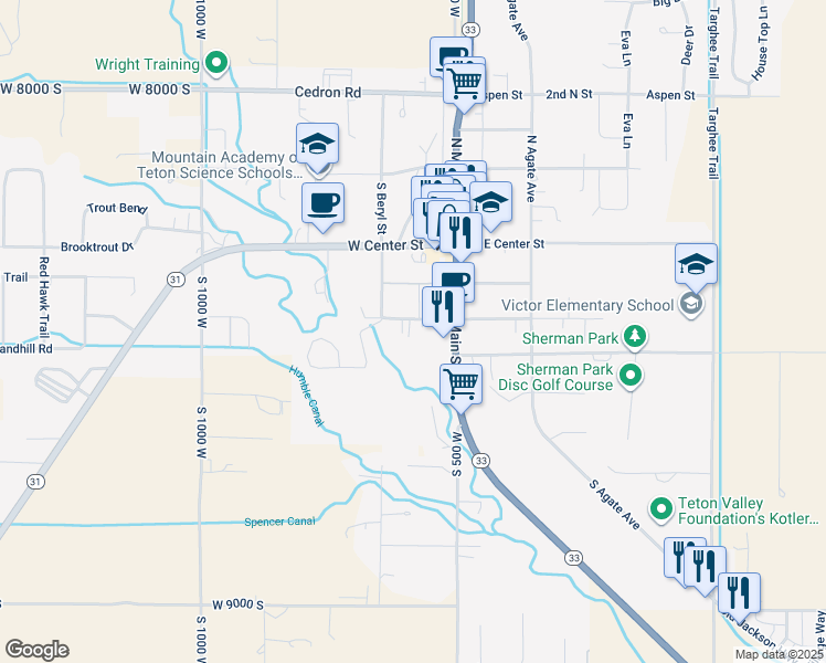map of restaurants, bars, coffee shops, grocery stores, and more near 50 West Dogwood Street in Victor