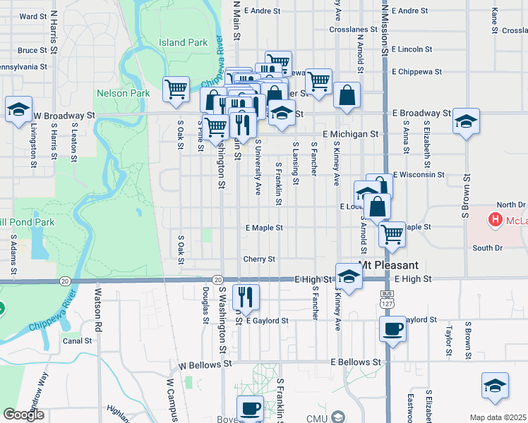 map of restaurants, bars, coffee shops, grocery stores, and more near 501 South University Avenue in Mount Pleasant