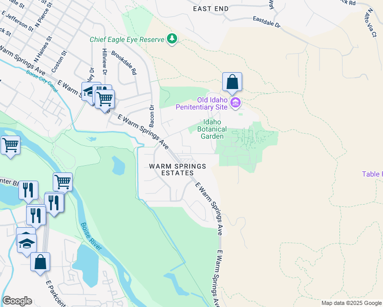 map of restaurants, bars, coffee shops, grocery stores, and more near 2214 Goodman Street in Boise