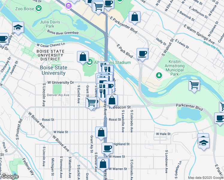 map of restaurants, bars, coffee shops, grocery stores, and more near 1010 U.S. 26 in Boise
