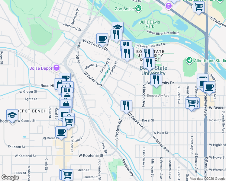 map of restaurants, bars, coffee shops, grocery stores, and more near 1605 South Joyce Street in Boise