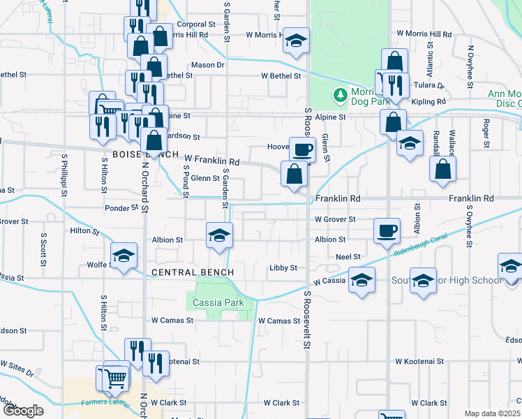 map of restaurants, bars, coffee shops, grocery stores, and more near 4416 West Brennen Street in Boise