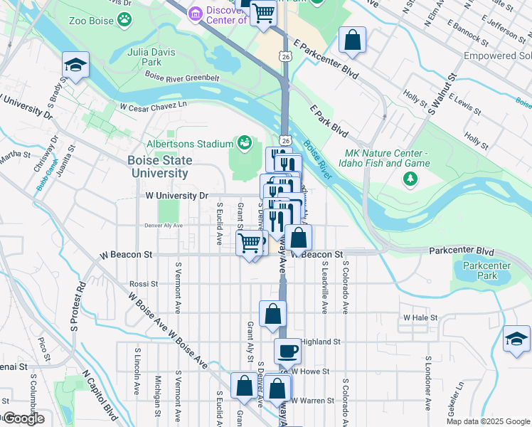 map of restaurants, bars, coffee shops, grocery stores, and more near 1076 South Denver Avenue in Boise